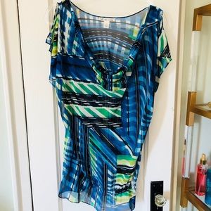 Kenneth Cole blue black green sheer top